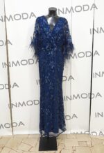 Abito paillette maestri haute couture blue navy abito a sirena con manica lunga e piume