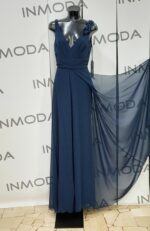 Abito pronovias blu e rosa tutone con pannello che scende a coda spallina decorata a fiori sfiancato - immagine 2