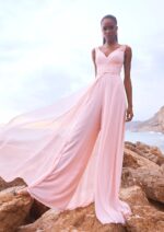 Abito pronovias blu e rosa tutone con pannello che scende a coda spallina decorata a fiori sfiancato