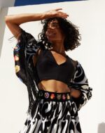 Stola grande con frange twins fantasy nero fantasia double forma triangolare