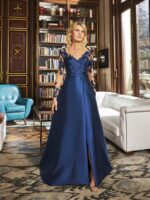 Abito pronovias lungo in rasone e pizzo blu e rosso con manica trasparente in pizzo - immagine 3