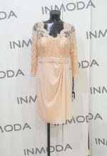 Abito rosa con corpetto pizzo st patrick pronovias con gonna liscia trasparente spalle scollo cuore