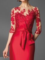 Abito corto pronovias sopra pizzo sotto mikado rigido con fiocco decorativo manica tre quarti pizzo - immagine 2