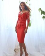 Abito corto pronovias sopra pizzo sotto mikado rigido con fiocco decorativo manica tre quarti pizzo