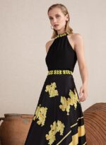 Completo top e gonnellone twins fantasy nero e giallo collo e cintura in corallini fantasia a fiori - immagine 2