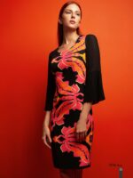 Abito corto a manica lunga twins fantasy tutto nero con fantasia fucsia con manica lunga con finale a campana plissettato