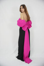 Abito bicolore Pronovias The Party Edit nero e bianco oppure nero e fucsia con fiocco effetto coda e manicotti - immagine 4