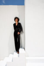 Completo giacca pantalone e top Twins Fantasy giacca con filo di paillette top solo paillette e pantalone a zampa nero e fucsia