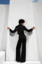 Completo giacca pantalone e top Twins Fantasy giacca con filo di paillette top solo paillette e pantalone a zampa nero e fucsia - immagine 3