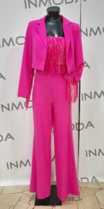 Completo giacca pantalone e top Twins Fantasy giacca con filo di paillette top solo paillette e pantalone a zampa nero e fucsia - immagine 5