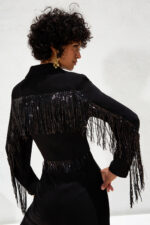 Completo giacca pantalone e top Twins Fantasy giacca con filo di paillette top solo paillette e pantalone a zampa nero e fucsia - immagine 4