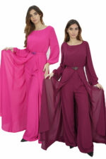 Abito tuta con pannello Pronovias The Party Edit accollato morbido con gioiello su pannello rimovibile blu, fucsia e rosso - immagine 2