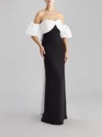 Abito bicolore Pronovias The Party Edit nero e bianco oppure nero e fucsia con fiocco effetto coda e manicotti