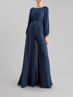 Abito tuta con pannello Pronovias The Party Edit accollato morbido con gioiello su pannello rimovibile blu, fucsia e rosso