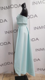 Abito Evasse verde tiffany tessuto a quadretti a rilievo corto avanti e lungo dietro con decorazione fiori e cristalli - immagine 2