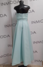 Abito Evasse verde tiffany tessuto a quadretti a rilievo corto avanti e lungo dietro con decorazione fiori e cristalli - immagine 3