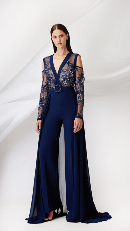 Tutone blu Maestri Haute Couture a manica lunga con spalla scoperta pantalone a palazzo e pannello morbido con coda dietro