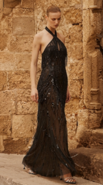 Abito beige e nero Allure Evening Glow con paillette a frange lucide abito con scollo americano trasparente dotato di un pantaloncino a colore compreso - immagine 2