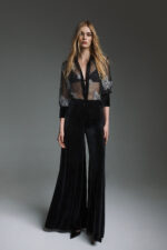 Twins Fantasy camicia a rete trasparente con velluto nero a polsi e abbottonatura e pantalone velluto nero a vita alta
